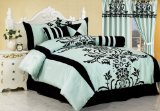 7 Pieces Aqua Blue with Black Floral Comforter Duvet Cover Set for Queen Size Bedding