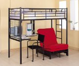 Black Finish Metal Bunk Bed w/Futon Desk Chair CD Rack